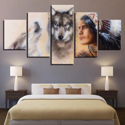 American Indian Native And Wolves 5 Piece HD Multi Panel Canvas Wall Art Frame-Original Frame