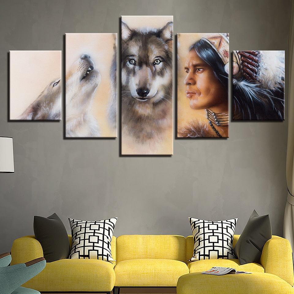 American Indian Native And Wolves 5 Piece HD Multi Panel Canvas Wall Art Frame-Original Frame
