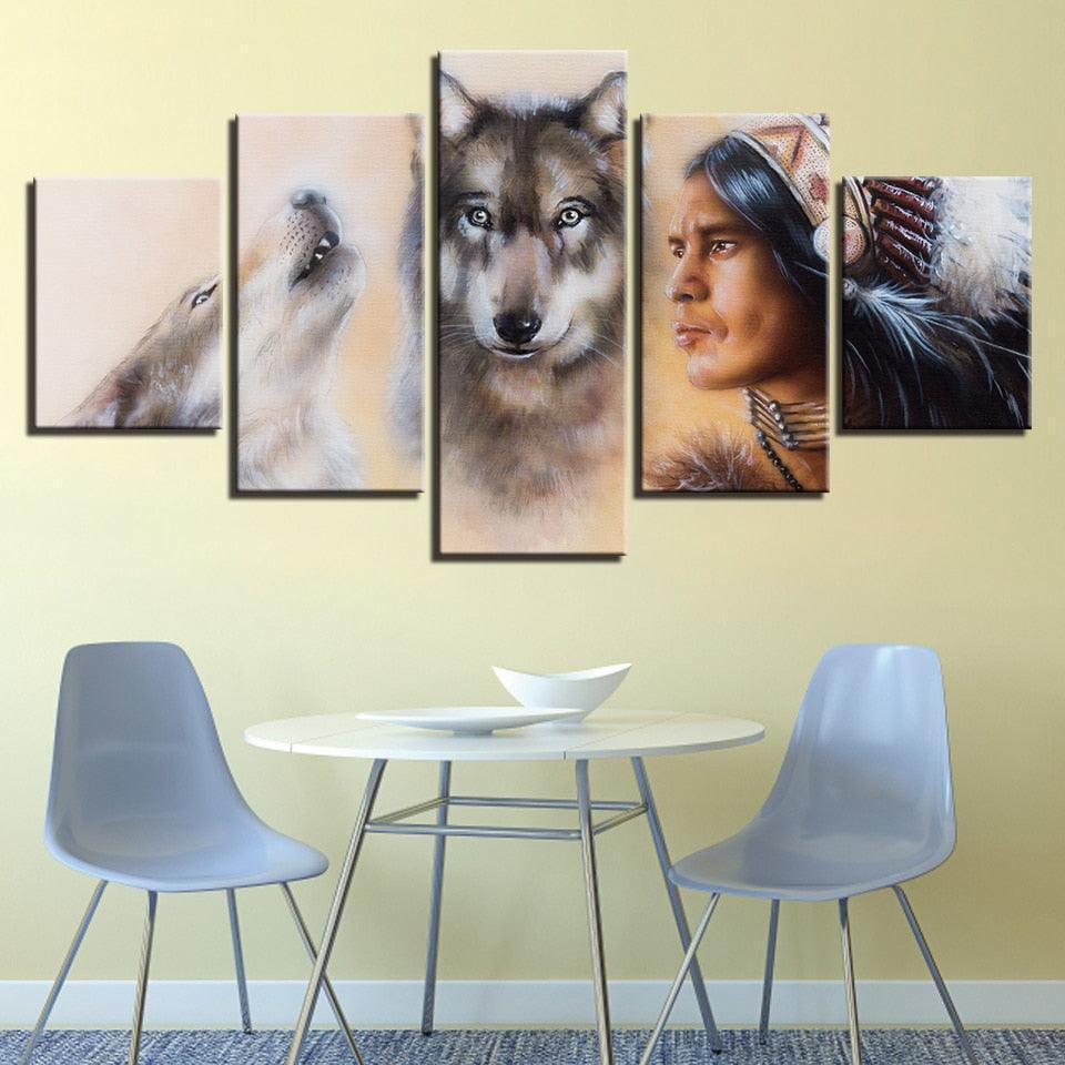 American Indian Native And Wolves 5 Piece HD Multi Panel Canvas Wall Art Frame-Original Frame