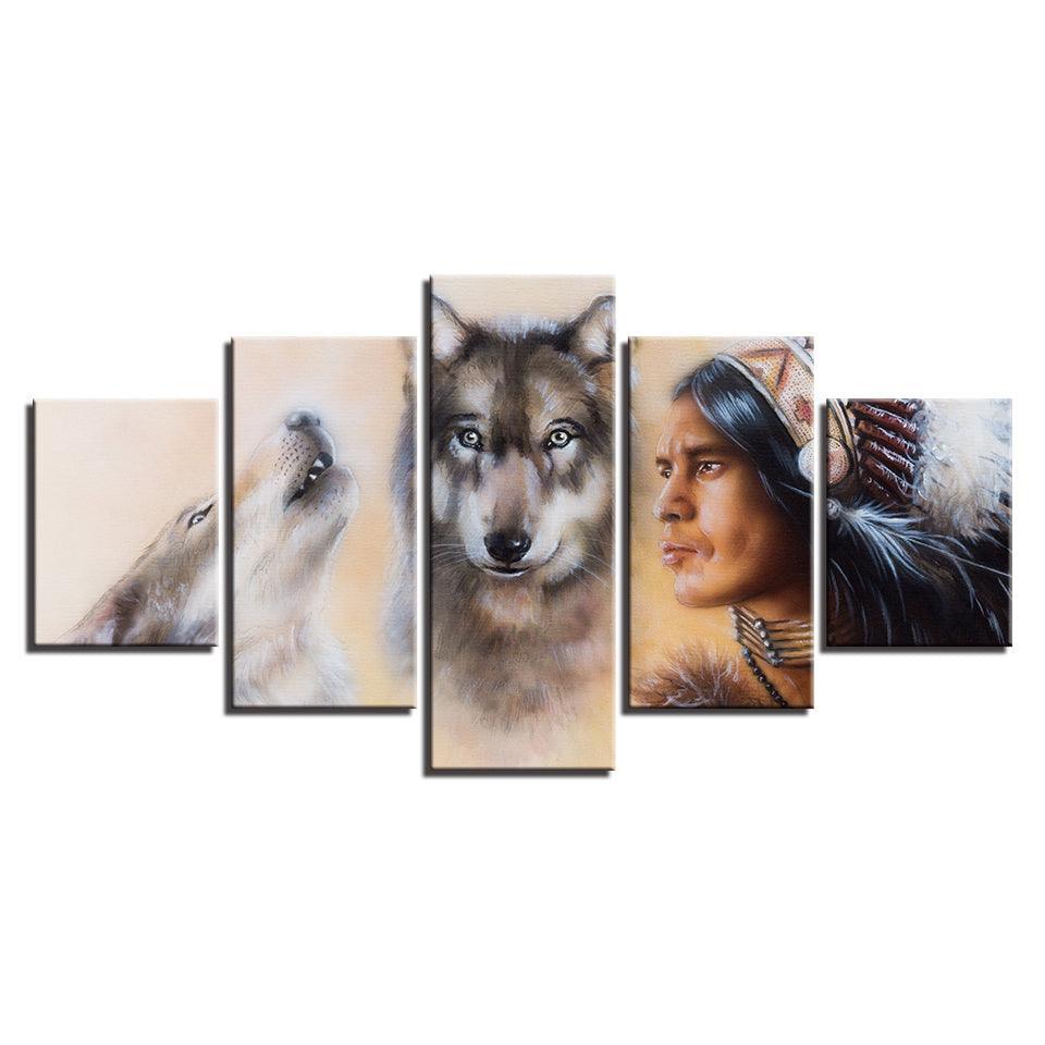American Indian Native And Wolves 5 Piece HD Multi Panel Canvas Wall Art Frame-Original Frame