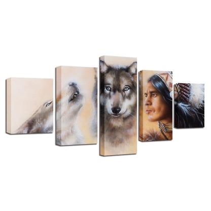 American Indian Native And Wolves 5 Piece HD Multi Panel Canvas Wall Art Frame-Original Frame