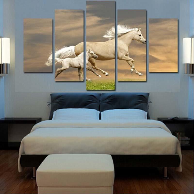 Running Horses 5 Piece HD Multi Panel Canvas Wall Art Frame-Original Frame