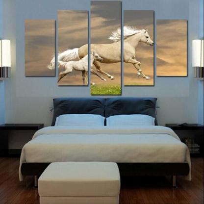 Running Horses 5 Piece HD Multi Panel Canvas Wall Art Frame-Original Frame