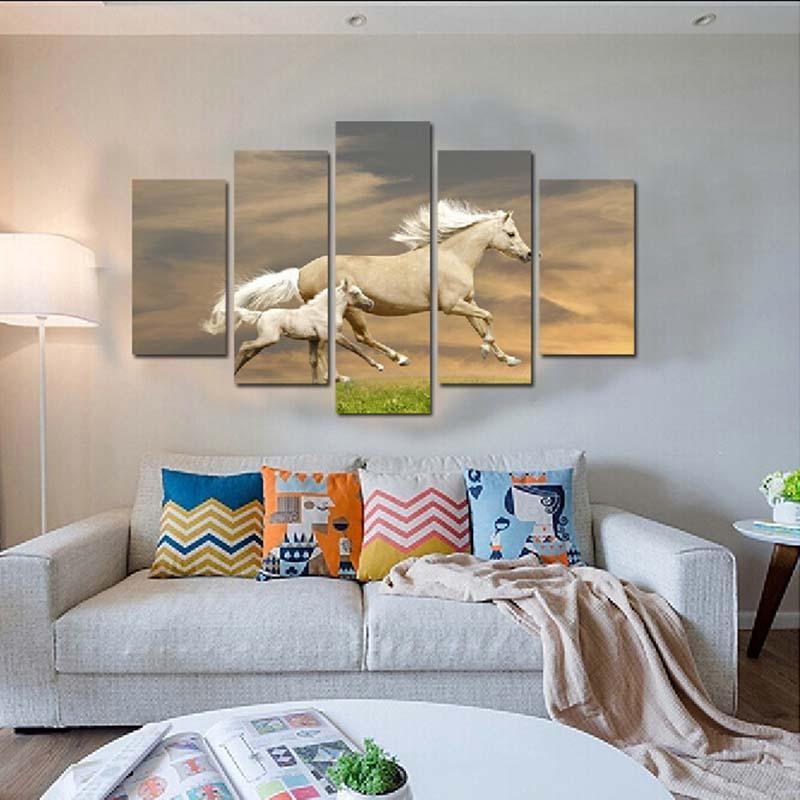 Running Horses 5 Piece HD Multi Panel Canvas Wall Art Frame-Original Frame