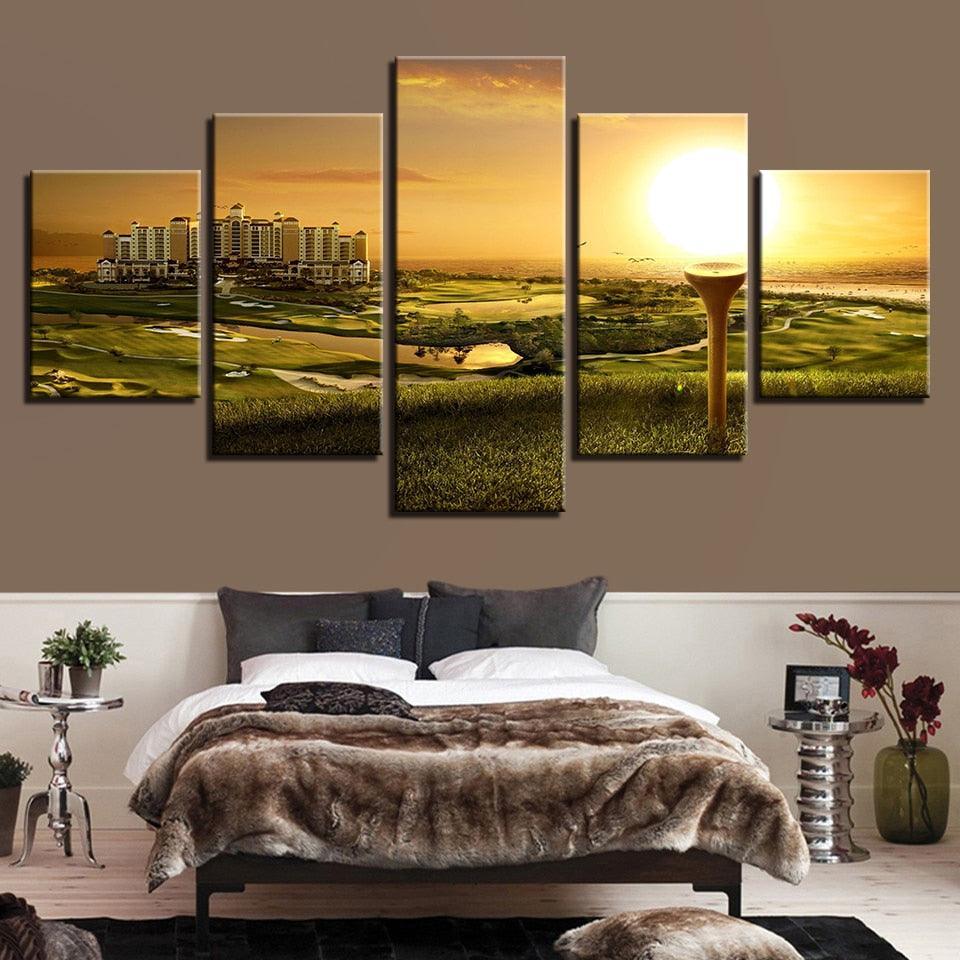 Grass Sunshine Building Scenery 5 Piece HD Multi Panel Canvas Wall Art Frame-Original Frame