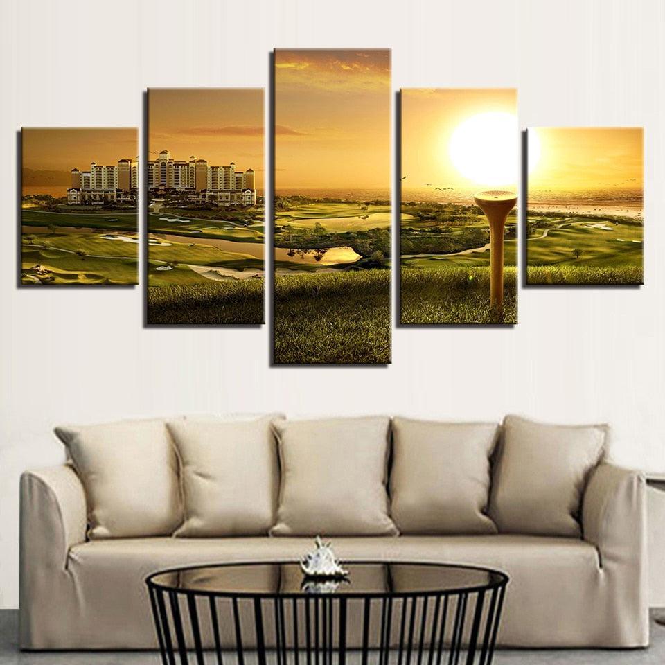 Grass Sunshine Building Scenery 5 Piece HD Multi Panel Canvas Wall Art Frame-Original Frame