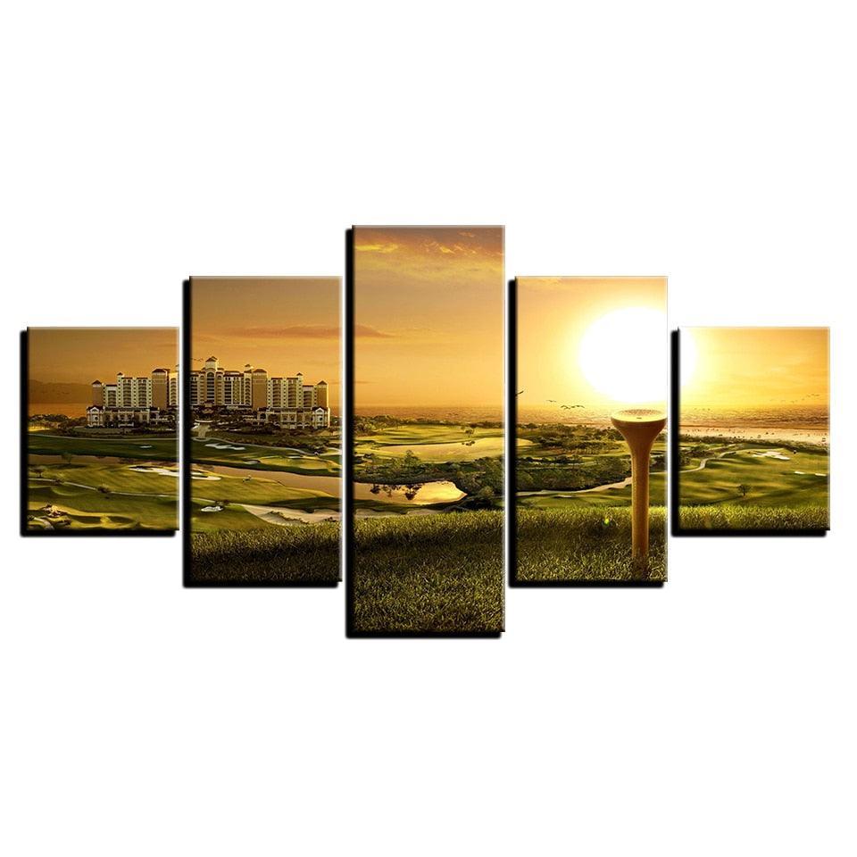 Grass Sunshine Building Scenery 5 Piece HD Multi Panel Canvas Wall Art Frame-Original Frame
