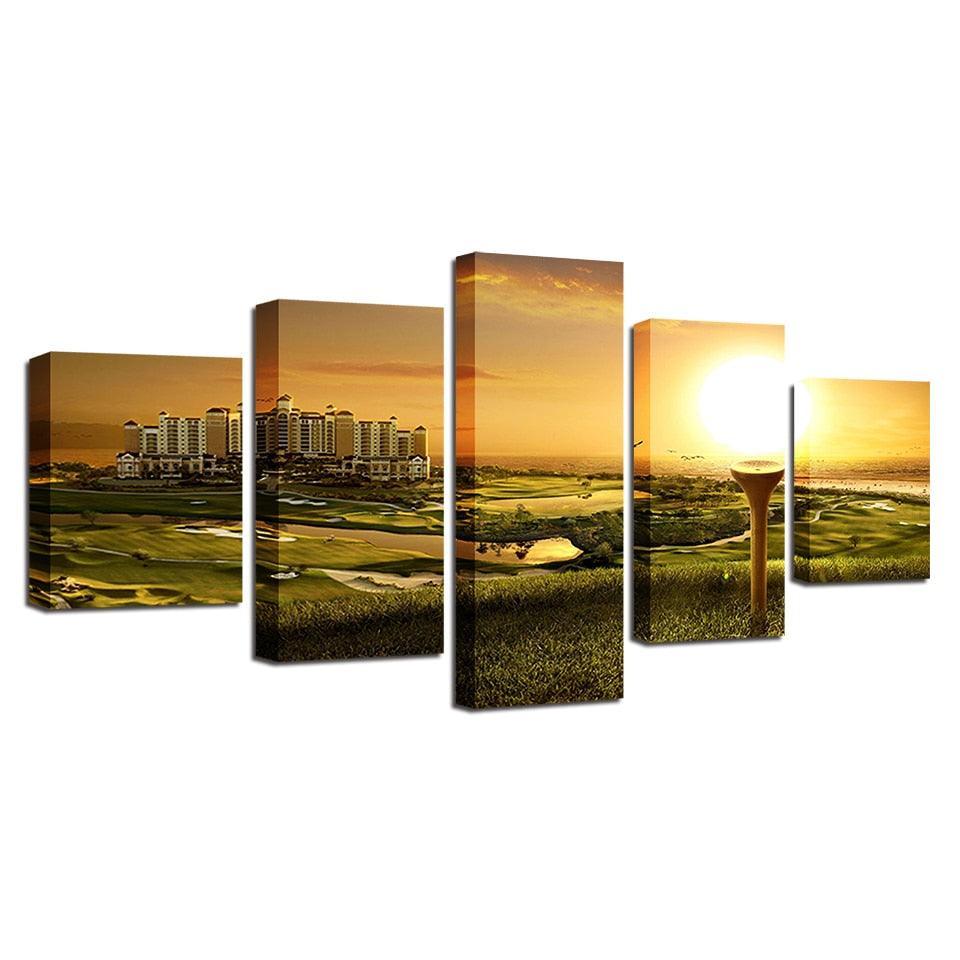 Grass Sunshine Building Scenery 5 Piece HD Multi Panel Canvas Wall Art Frame-Original Frame