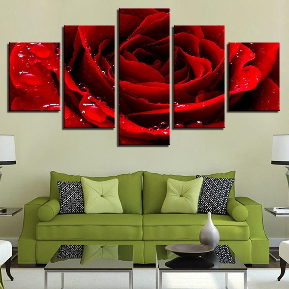 Beautiful Red Rose 5 Piece HD Multi Panel Canvas Wall Art Frame-Original Frame