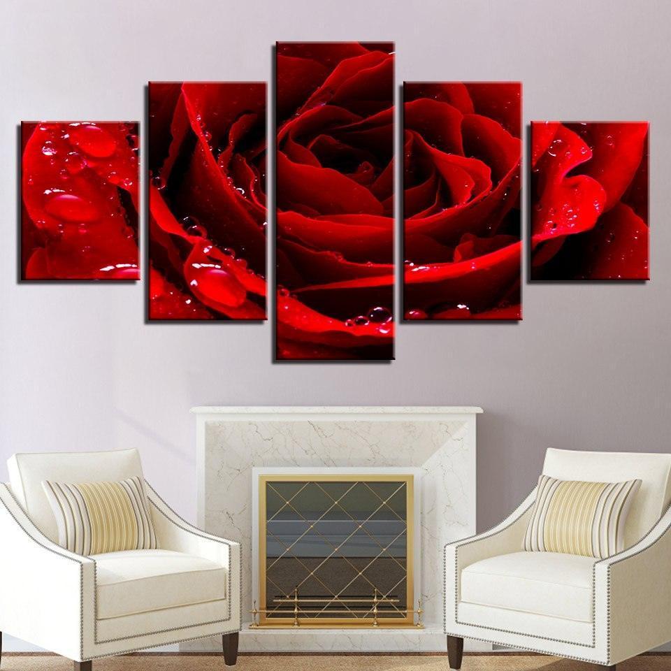 Beautiful Red Rose 5 Piece HD Multi Panel Canvas Wall Art Frame-Original Frame