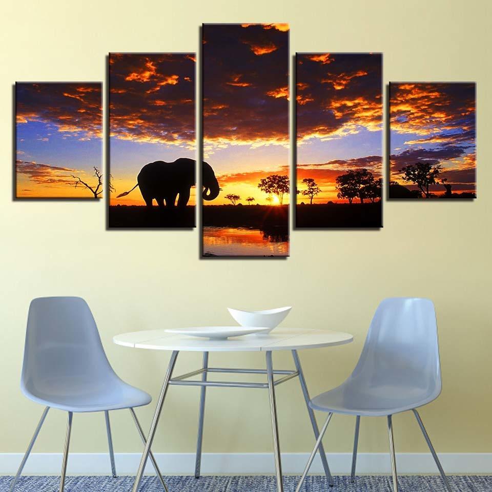 Elephant Sunset Scenery 5 Piece HD Multi Panel Canvas Wall Art Frame-Original Frame
