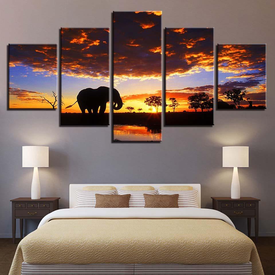 Elephant Sunset Scenery 5 Piece HD Multi Panel Canvas Wall Art Frame-Original Frame