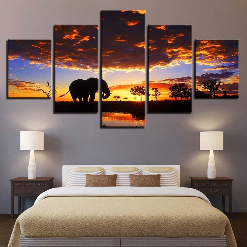 Elephant Sunset Scenery 5 Piece HD Multi Panel Canvas Wall Art Frame-Original Frame