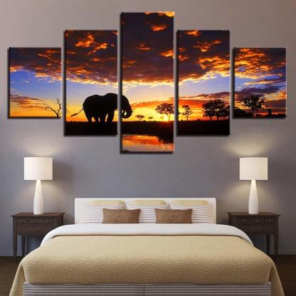 Elephant Sunset Scenery 5 Piece HD Multi Panel Canvas Wall Art Frame-Original Frame