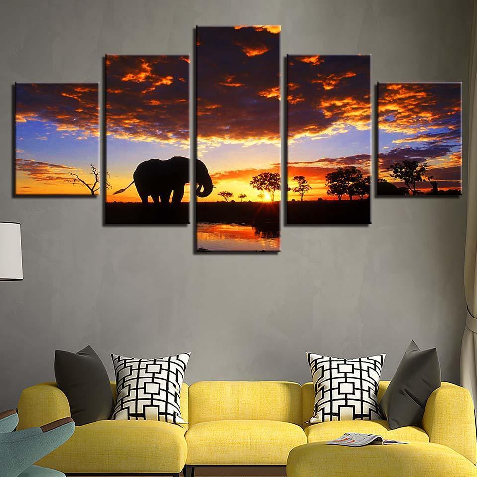 Elephant Sunset Scenery 5 Piece HD Multi Panel Canvas Wall Art Frame-Original Frame