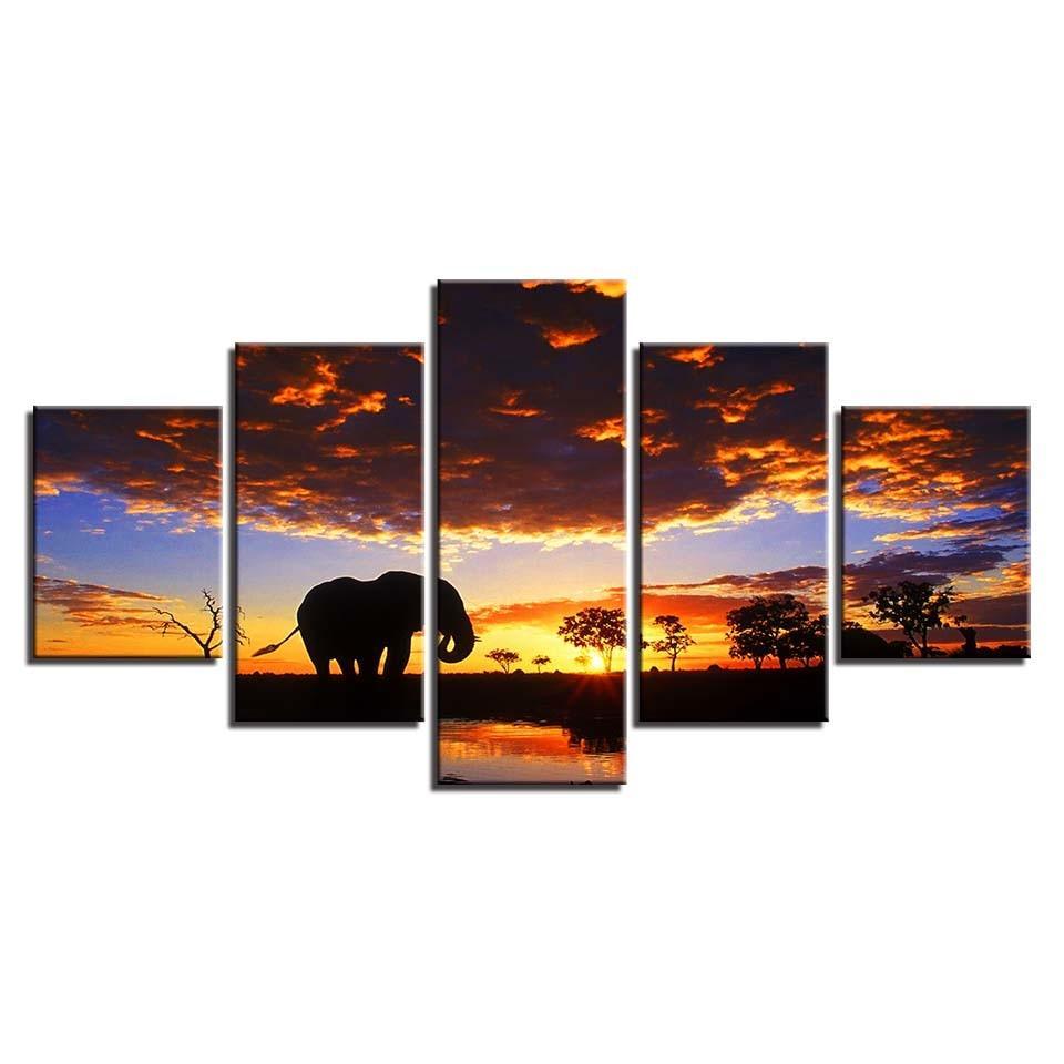 Elephant Sunset Scenery 5 Piece HD Multi Panel Canvas Wall Art Frame-Original Frame