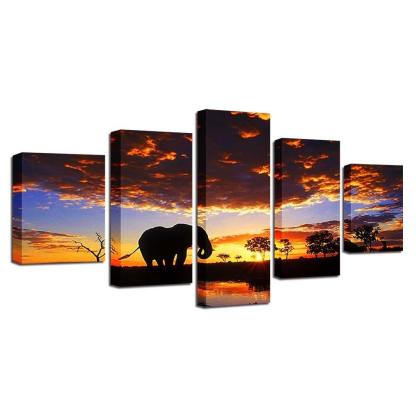 Elephant Sunset Scenery 5 Piece HD Multi Panel Canvas Wall Art Frame-Original Frame