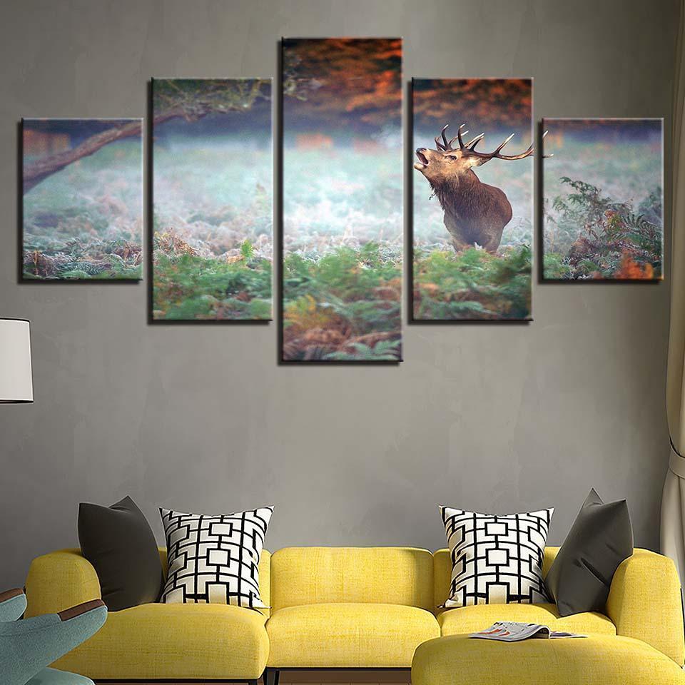Forest Deer 5 Piece HD Multi Panel Canvas Wall Art Frame-Original Frame