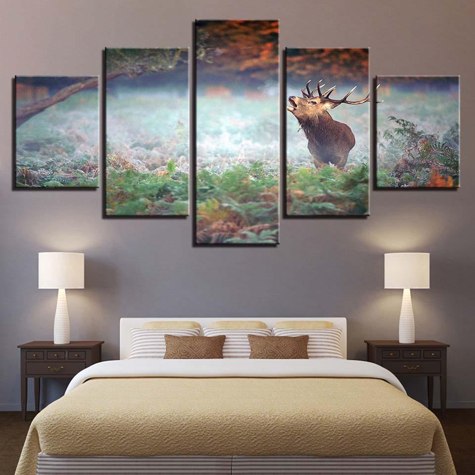 Forest Deer 5 Piece HD Multi Panel Canvas Wall Art Frame-Original Frame