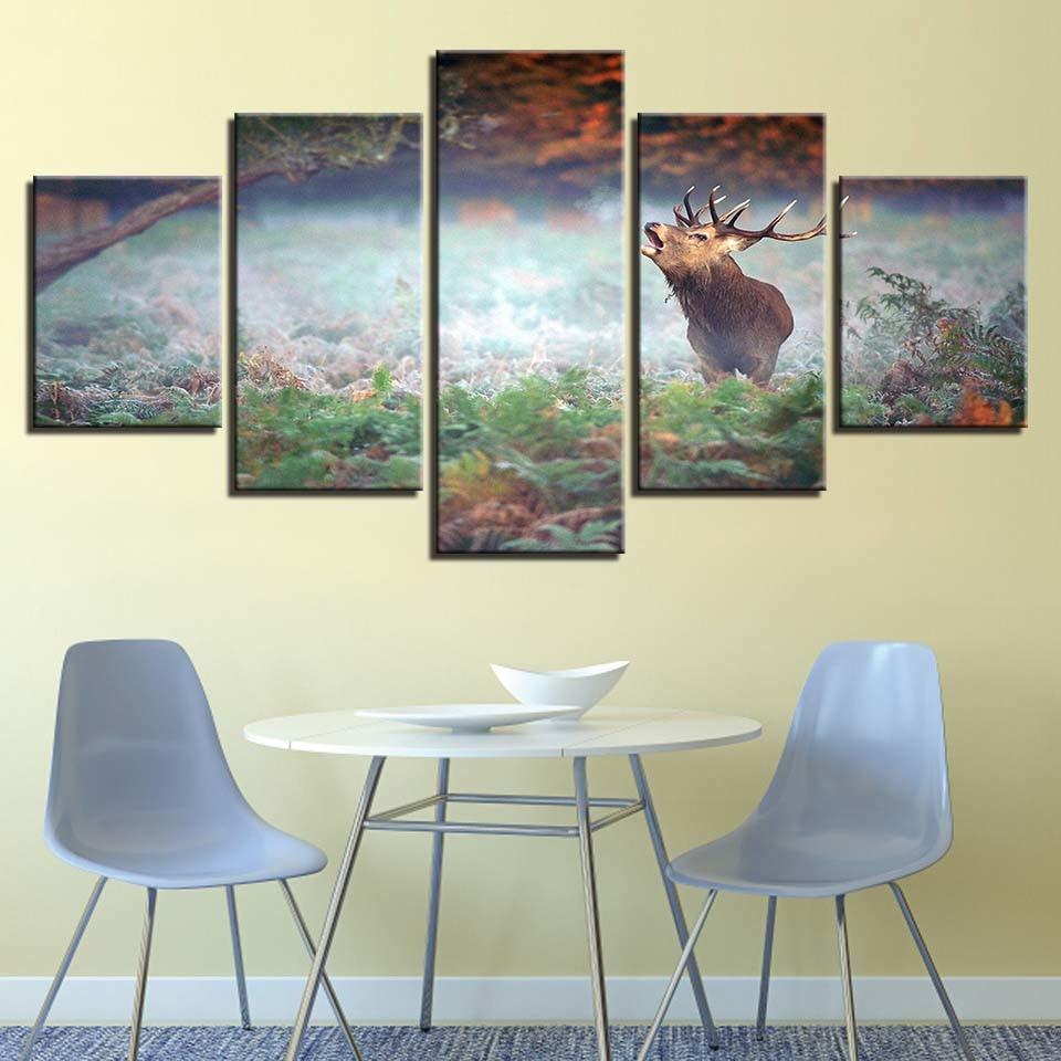Forest Deer 5 Piece HD Multi Panel Canvas Wall Art Frame-Original Frame