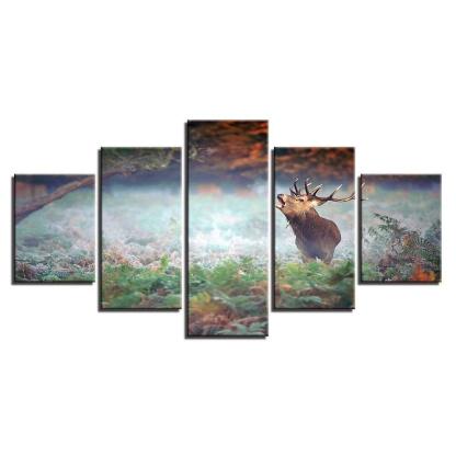 Forest Deer 5 Piece HD Multi Panel Canvas Wall Art Frame-Original Frame