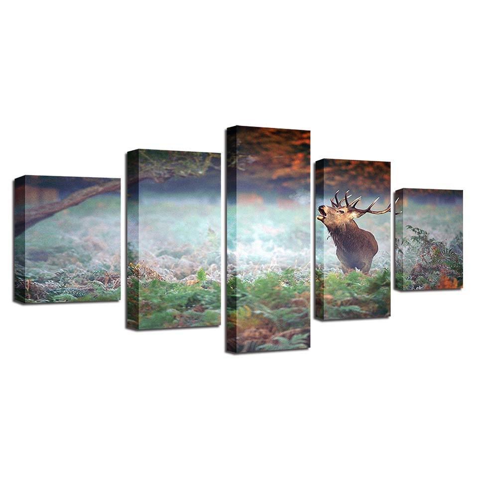 Forest Deer 5 Piece HD Multi Panel Canvas Wall Art Frame-Original Frame