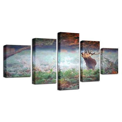 Forest Deer 5 Piece HD Multi Panel Canvas Wall Art Frame-Original Frame