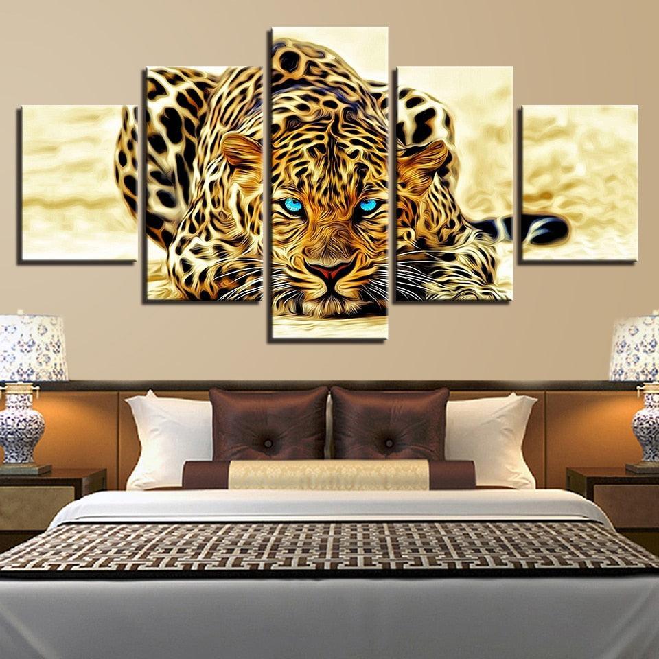 Leopard Blue Eyes 5 Piece HD Multi Panel Canvas Wall Art Frame-Original Frame