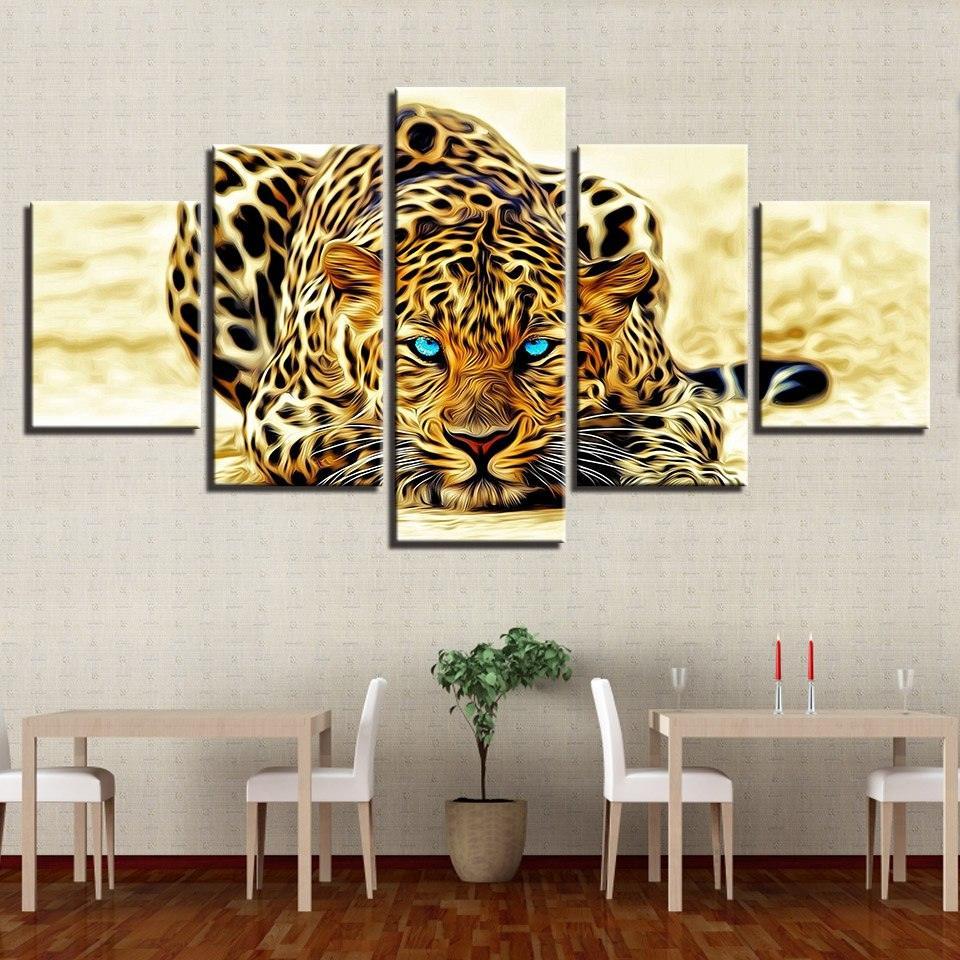 Leopard Blue Eyes 5 Piece HD Multi Panel Canvas Wall Art Frame-Original Frame