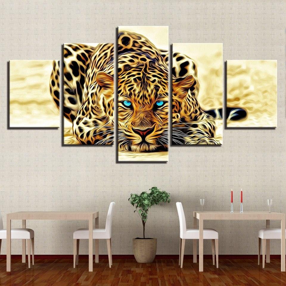 Leopard Blue Eyes 5 Piece HD Multi Panel Canvas Wall Art Frame-Original Frame