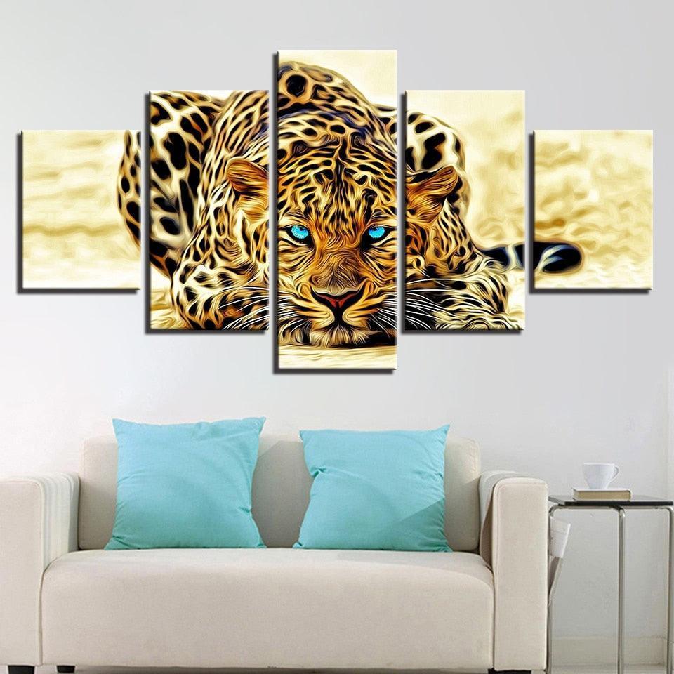 Leopard Blue Eyes 5 Piece HD Multi Panel Canvas Wall Art Frame-Original Frame