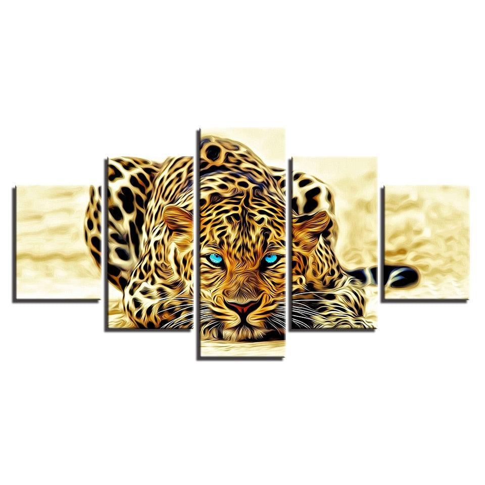 Leopard Blue Eyes 5 Piece HD Multi Panel Canvas Wall Art Frame-Original Frame