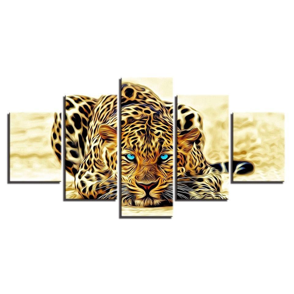 Leopard Blue Eyes 5 Piece HD Multi Panel Canvas Wall Art Frame-Original Frame