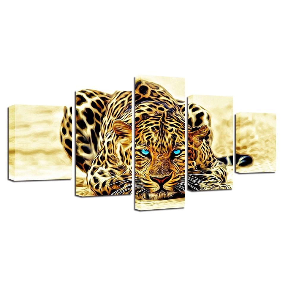 Leopard Blue Eyes 5 Piece HD Multi Panel Canvas Wall Art Frame-Original Frame