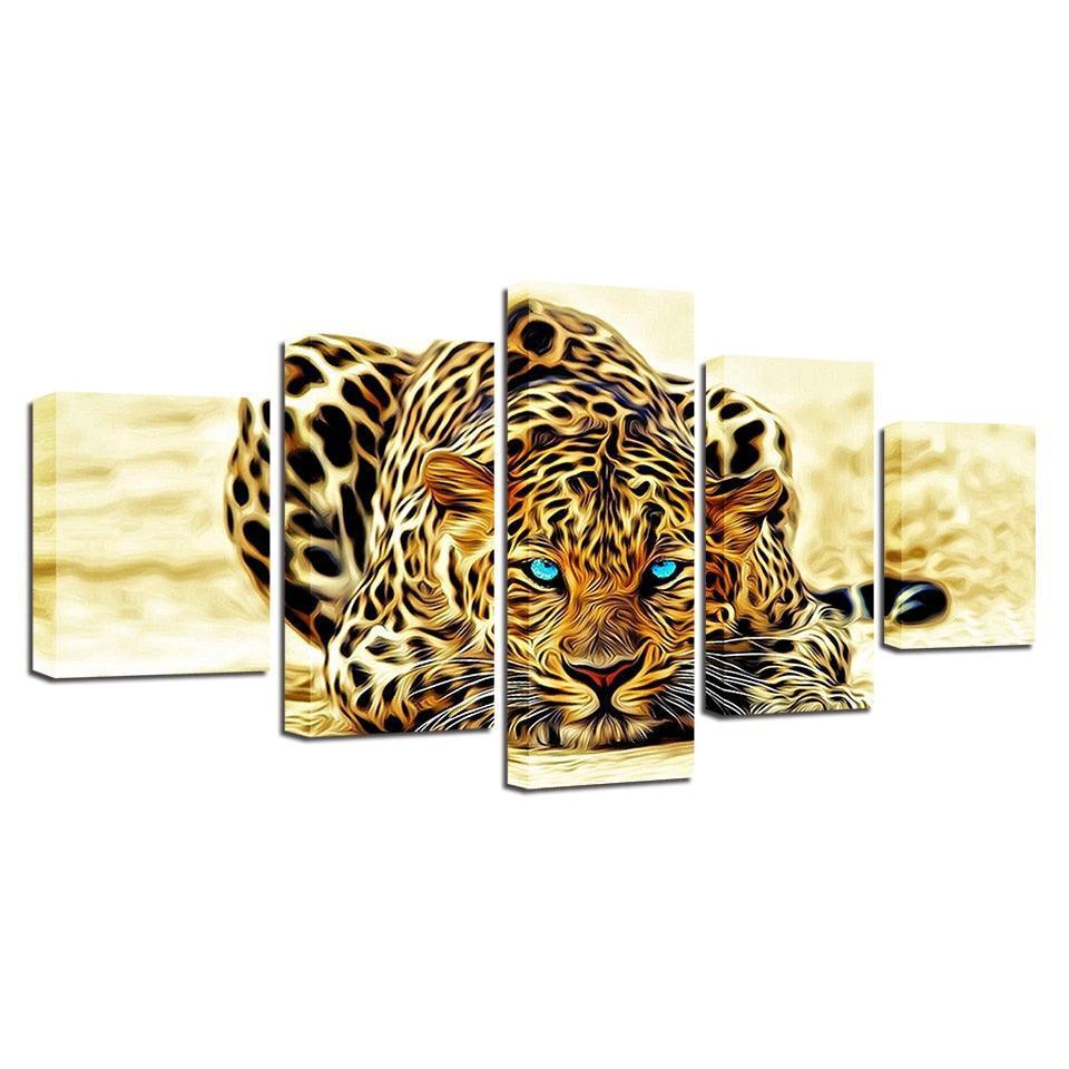 Leopard Blue Eyes 5 Piece HD Multi Panel Canvas Wall Art Frame-Original Frame