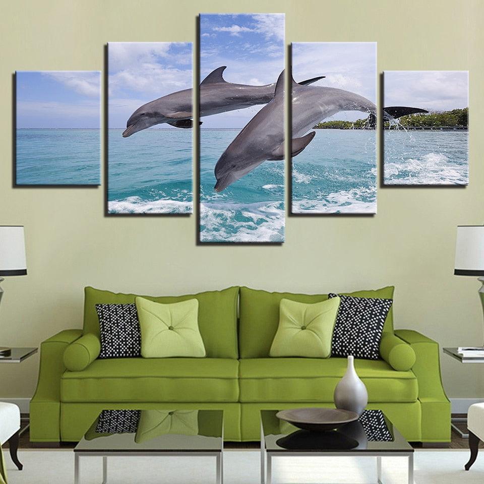 Two Dolphins Jump Out Of The Sea 5 Piece HD Multi Panel Canvas Wall Art Frame-Original Frame