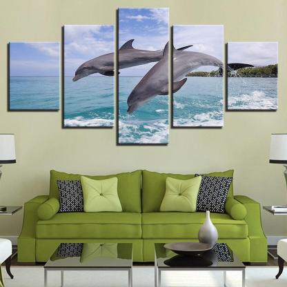 Two Dolphins Jump Out Of The Sea 5 Piece HD Multi Panel Canvas Wall Art Frame-Original Frame