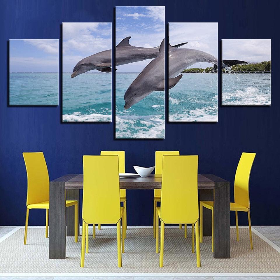 Two Dolphins Jump Out Of The Sea 5 Piece HD Multi Panel Canvas Wall Art Frame-Original Frame
