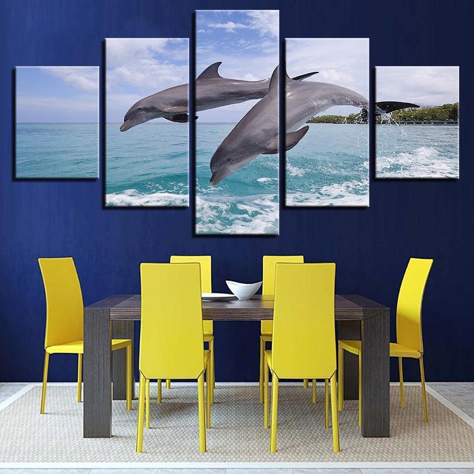Two Dolphins Jump Out Of The Sea 5 Piece HD Multi Panel Canvas Wall Art Frame-Original Frame