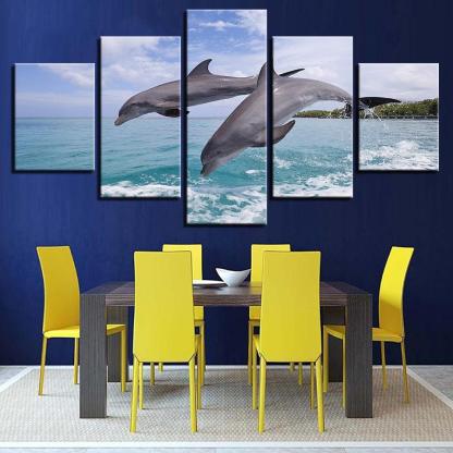 Two Dolphins Jump Out Of The Sea 5 Piece HD Multi Panel Canvas Wall Art Frame-Original Frame