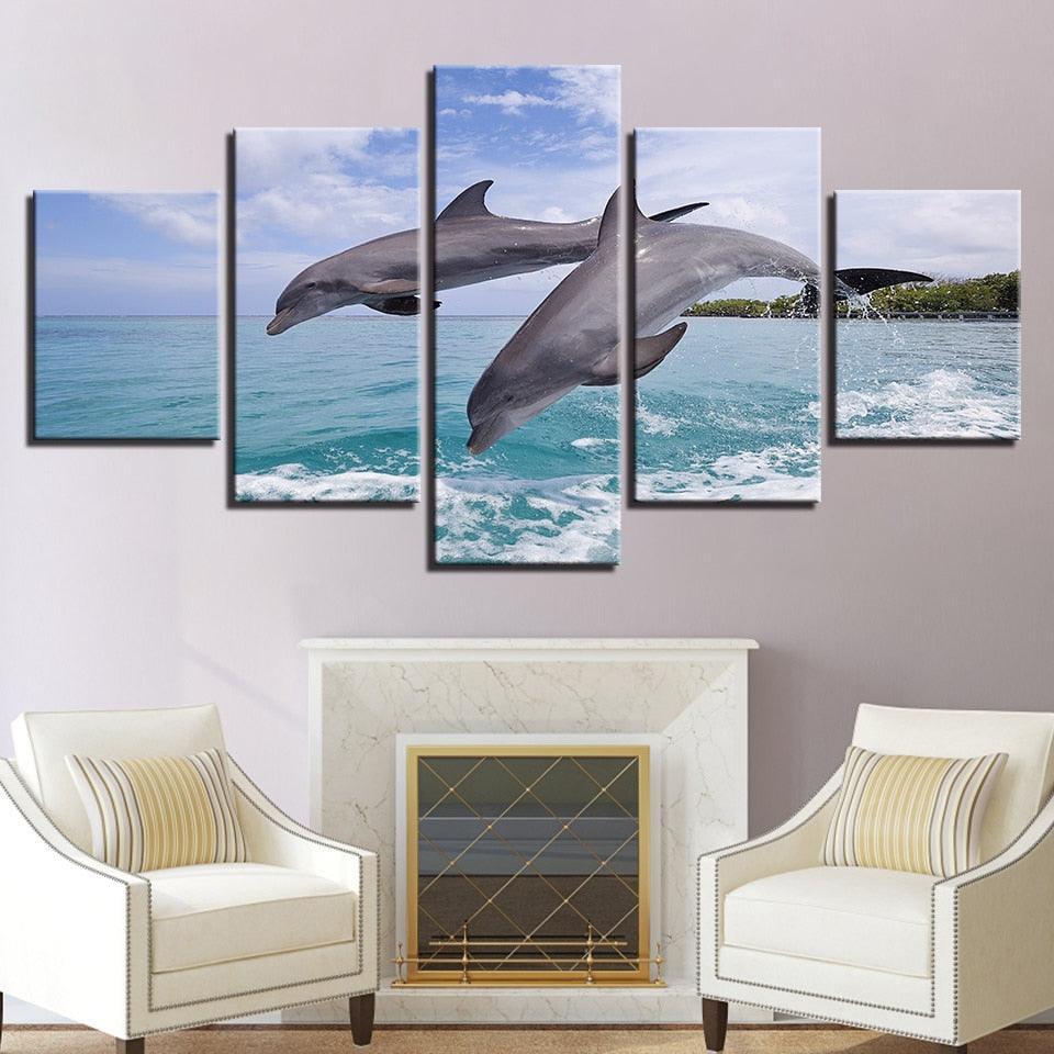 Two Dolphins Jump Out Of The Sea 5 Piece HD Multi Panel Canvas Wall Art Frame-Original Frame