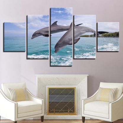 Two Dolphins Jump Out Of The Sea 5 Piece HD Multi Panel Canvas Wall Art Frame-Original Frame