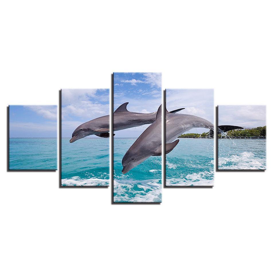 Two Dolphins Jump Out Of The Sea 5 Piece HD Multi Panel Canvas Wall Art Frame-Original Frame
