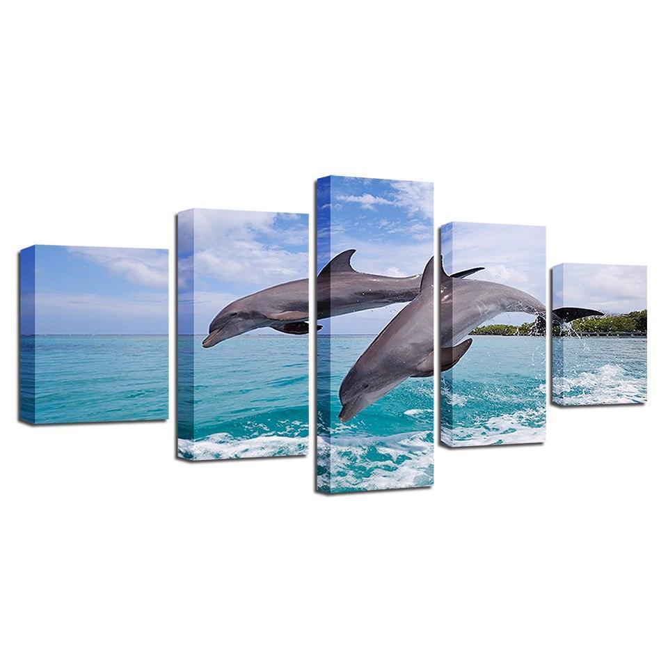 Two Dolphins Jump Out Of The Sea 5 Piece HD Multi Panel Canvas Wall Art Frame-Original Frame