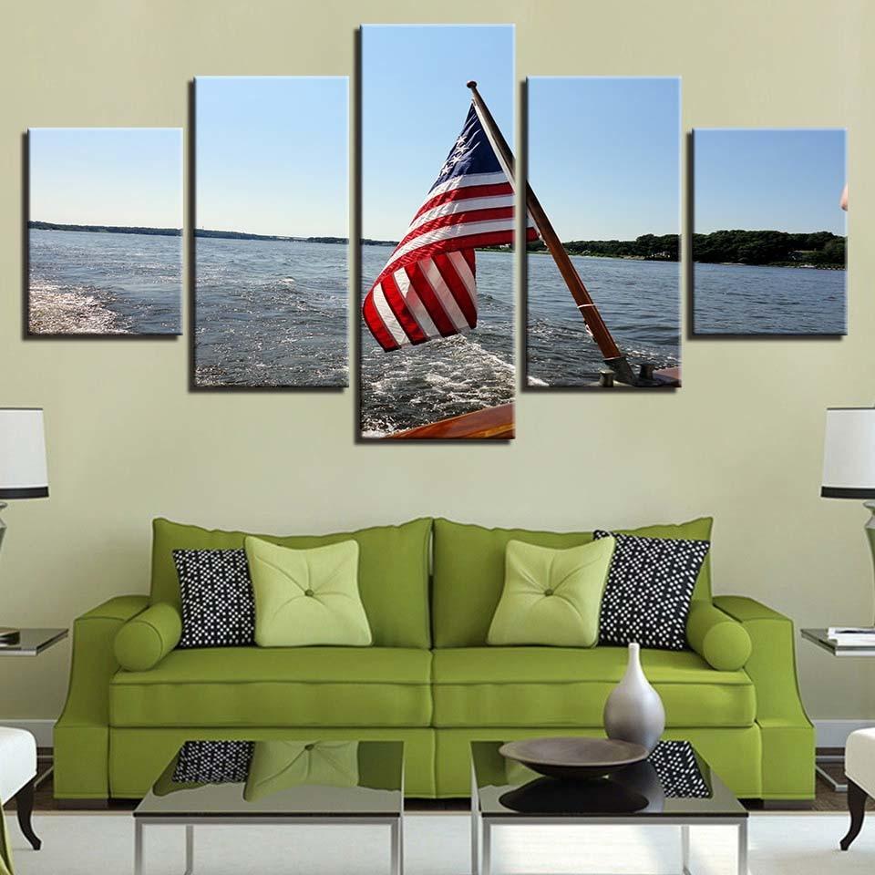 American Flag Seascape 5 Piece HD Multi Panel Canvas Wall Art Frame-Original Frame