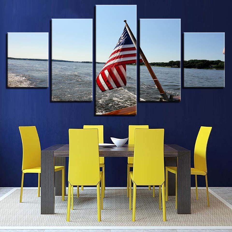 American Flag Seascape 5 Piece HD Multi Panel Canvas Wall Art Frame-Original Frame