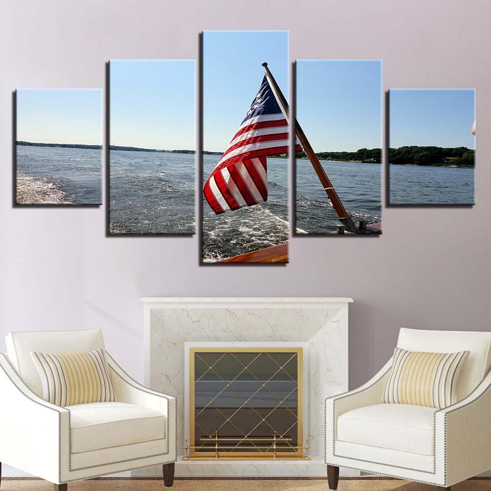 American Flag Seascape 5 Piece HD Multi Panel Canvas Wall Art Frame-Original Frame