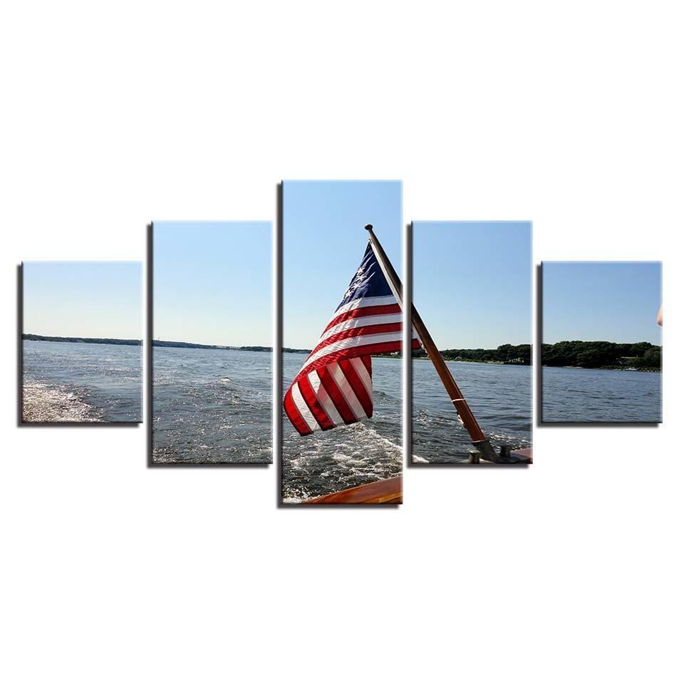 American Flag Seascape 5 Piece HD Multi Panel Canvas Wall Art Frame-Original Frame