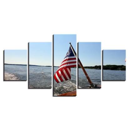 American Flag Seascape 5 Piece HD Multi Panel Canvas Wall Art Frame-Original Frame