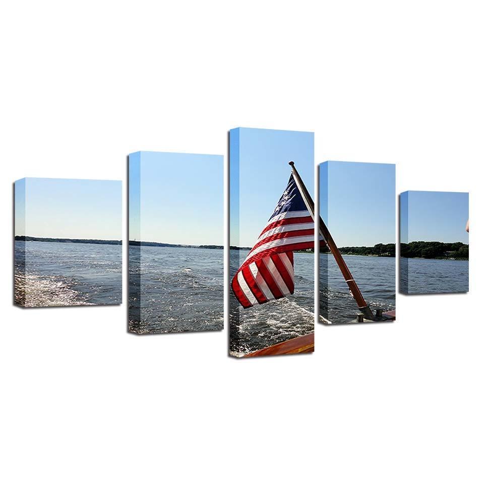 American Flag Seascape 5 Piece HD Multi Panel Canvas Wall Art Frame-Original Frame